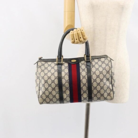 GUCCI GG Supreme Sherry Line Hand Bag PVC Navy Gold 012 3842 58 Auth gh1137 - Picture 1 of 16